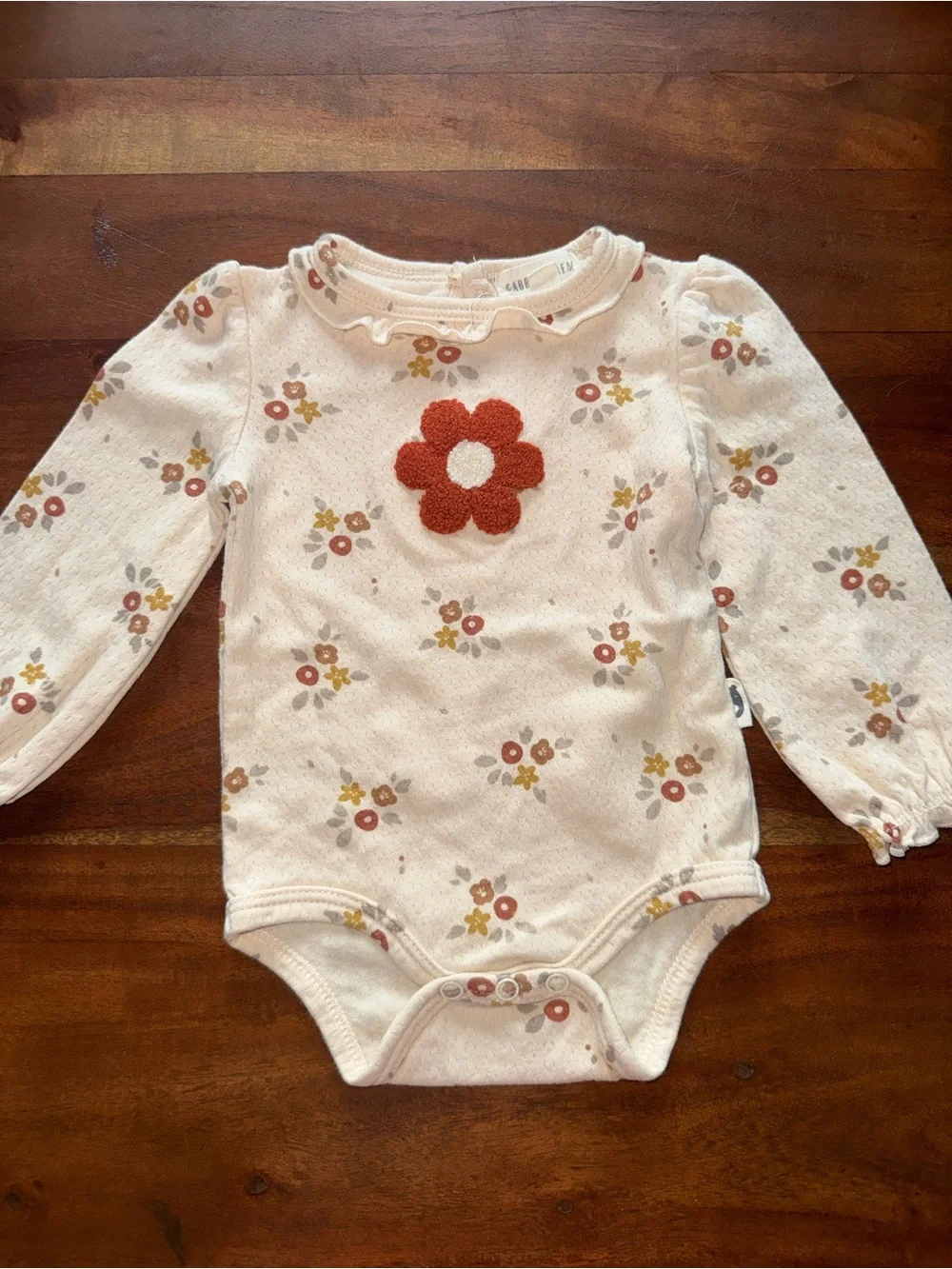 Cream‎ Floral Long-Sleeve Baby One-Piece with Rust Flower Applique